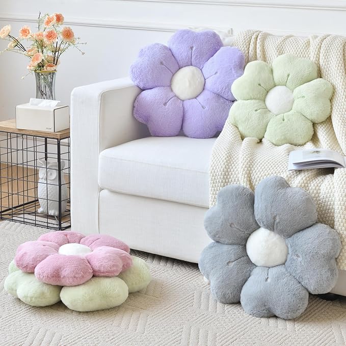 Flower Pillow, Flower Shaped Pillow Decorative Throw Pillows for Bed Couch, Cute Daisy Pillow Dorm Decor Floor Seating Cushion (Grey, 19.6 Inches)