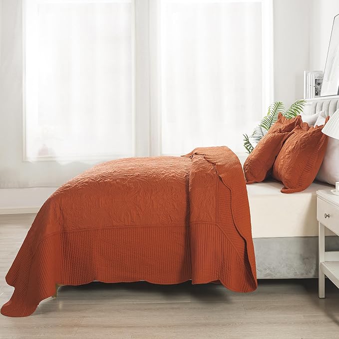 HoneiLife Oversized King Bedspreads - California King Quilt 128x120, 4-Piece Cal King Quilt Sets,Rustic Bedding Sets King Size,Extra Large Coverlets Lightweight Bed Cover for All Season Use-Rust