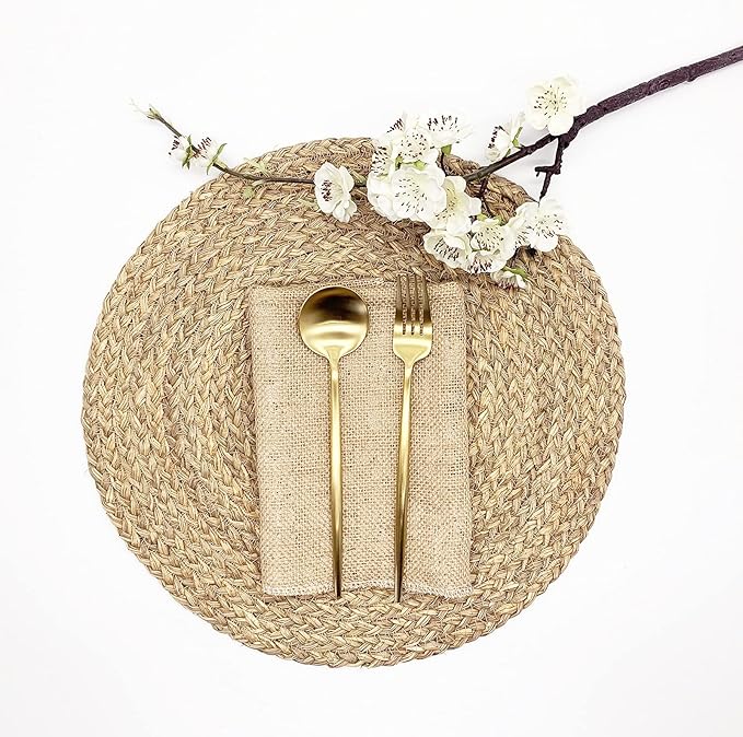 Woven Placemats for Dining Table Set of 6, 100% Natural Straw, Rustic Round Placemats Farmhouse Table Mats Rattan Wicker Placemats Hand Braided Place Mats for Indoor Outdoor, 14.17“