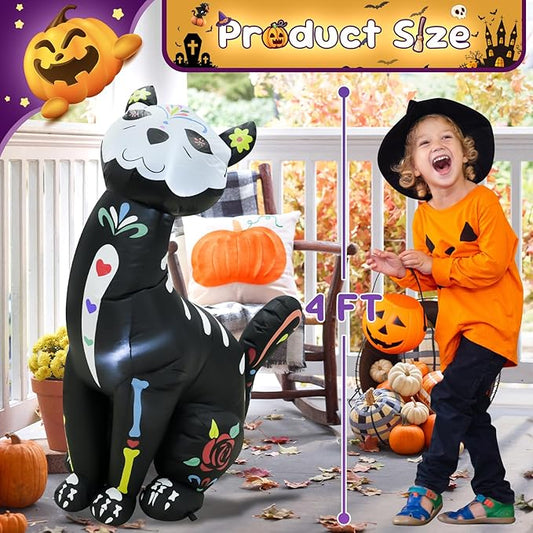 4FT Halloween Skeleton Cat Inflatable Decoration Spooky Blow Up Yard Decor with LED Lights Party Indoor Outdoor Holiday Yard Graden Decoration
