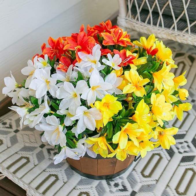 Artificial Fall Flowers for Outdoors, 3 Bundles Fake Azalea Bouquet Faux Flower Plants Outside Decor UV Resistant Realistic Silk Flowers for Planter Porch Front Door Patio Garden Walkways Home, Mix