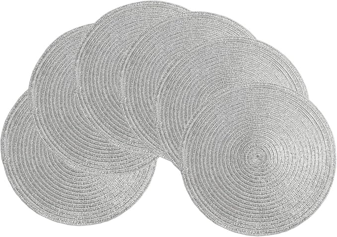 SHACOS Glitter Round Braided Placemats Set of 6 Sparkle Bling Placemats Glitz Table Mats for Home Holiday Party Wedding Festive Table Decoration (6, Silver)