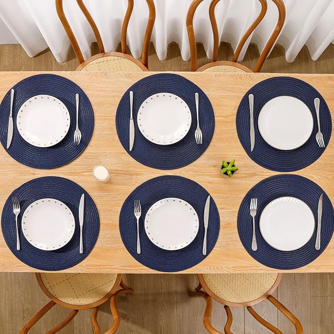 SHACOS Round Placemats Set of 4 Washable 15 inch Round Table Mats Cotton Polyester Woven Braided Place Mats for Dining Table, Navy