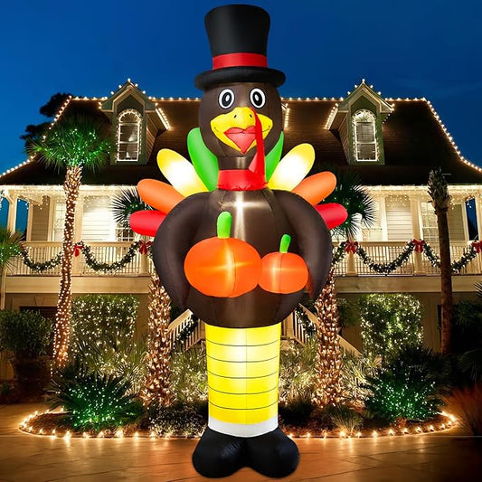 10FT Thanksgiving Inflatables Turkey Decorations, Giant Thanksgiving Blow up Turkey Decor Built-in LED Lights Autumn Fall Harvest Decorations for Holiday Outdoor Yard Lawn Garden Patio Decor