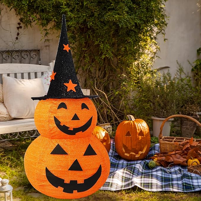NEROSUN Halloween Decorations, 3 FT Pop Up Collapsible Pumpkin, Pre-Lit 50 LED Lighted Pupmkin Man with Star Hat, Jack o' Lantern with Metal Stand for Outdoor Indoor Garden Yard Home Party Decor