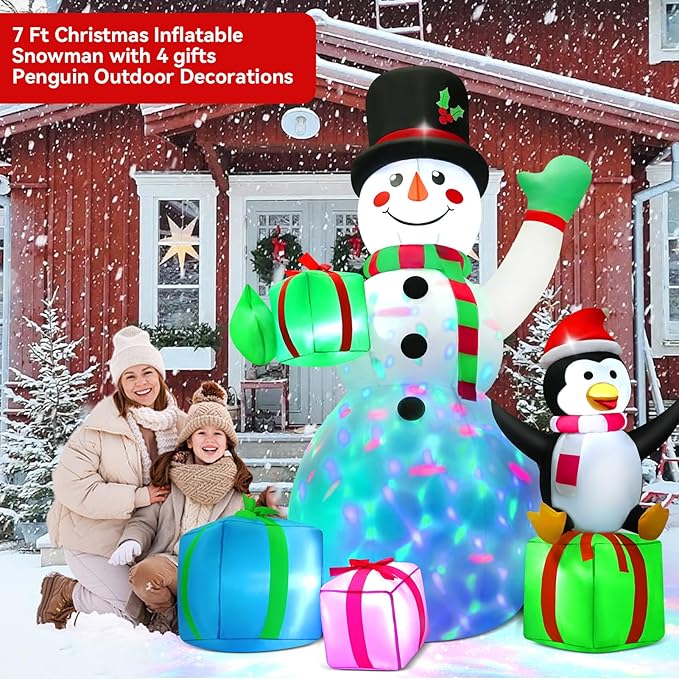 7 FT Christmas Inflatable Snowman Outdoor Decoration with Build-in Multicolor LEDs, Snowman with 4 Gifts Blow Up Inflatables Christmas for Yard Garden Lawn Xmas Holiday Decor