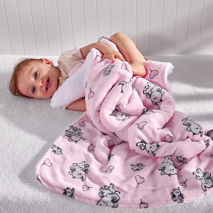 DaysU Plush Flannel Sherpa Baby Blanket for Girls Boys, Generous Reversible Soft Micro Fleece Toddler Bed Throw Blanket with Animal Print for Kids and Children, Elephant, 50"x60"