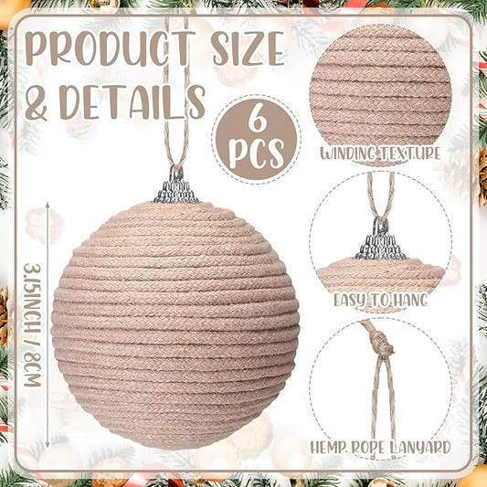 Syhood 6pcs Christmas Ball Ornaments Boho Farmhouse Jute Rope Hanging Xmas Balls Burlap Neutral Rustic Ornaments for Xmas Tree Holiday Wreath Garland (3.15 Inches,White,Beige,Dark Brown)