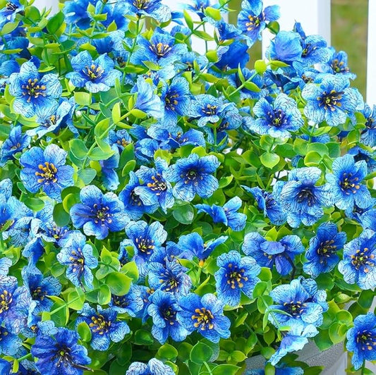 Artificial Flowers for Outdoor Indoor Garden Home Decoration, Faux Flower Daisy with Eucalyptus Leaves Fake Plants Greenery Boxwood Porch Patio, 12 Bundles (Blue)