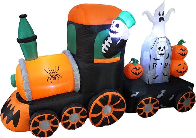 7 Foot Long Halloween Inflatable Skeleton on Train LED Lights Outdoor Indoor Holiday Decorations, Blow up Lighted Yard Decor, Giant Lawn Inflatable Home Garden Party Favor Decoration