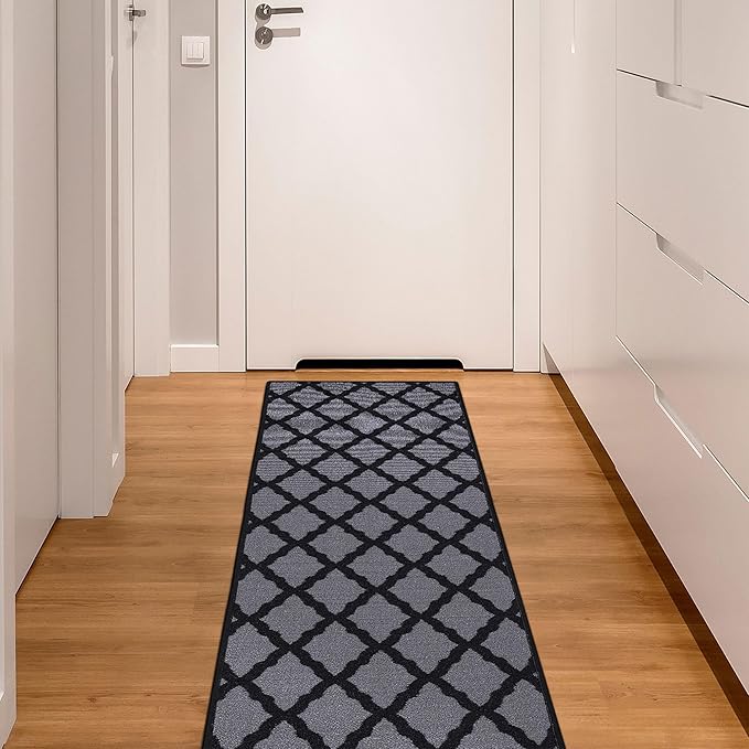 Ottomanson Glamour Collection Non-Slip Rubberback Moroccan Trellis Design 2x6 Indoor Runner Rug, 2'2" x 6', Dark Gray