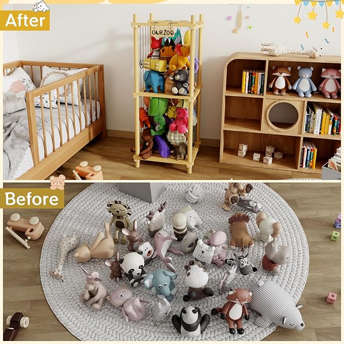 Stuffed Animal Zoo Storage Cage Wooden, 41''(3.4ft) Wood Large Stuffed Animal Storage Basket, Toy Storage for Big Stuffed Animals, Large Toy Chest for Kids Girls Boys Toy Organizer Holder