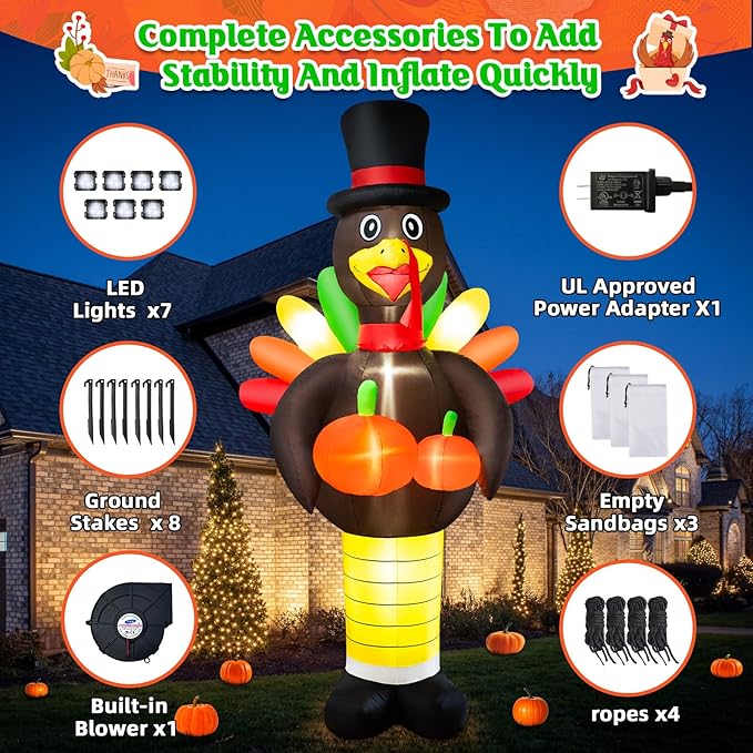 10FT Thanksgiving Inflatables Turkey Decorations, Giant Thanksgiving Blow up Turkey Decor Built-in LED Lights Autumn Fall Harvest Decorations for Holiday Outdoor Yard Lawn Garden Patio Decor
