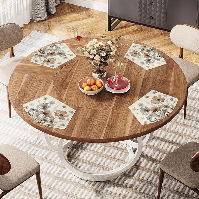 Artoid Mode Brown Poppy Floral Round Table Wedge Placemats Set of 6, Seasonal Winter Kitchen Dining Table Decoration for Indoor Party Home