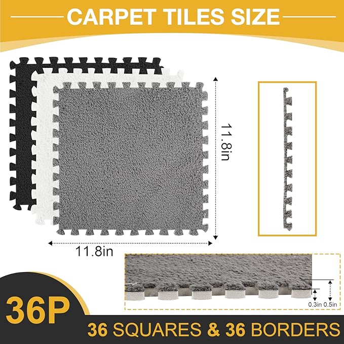 36 Pcs Plush Interlocking Carpet Tiles for Toddler Baby, Non-Toxic Foam, Machine-Washable, Anti-Slip, EVA Foam for Floor, Nursery, Playroom, Grey White Black