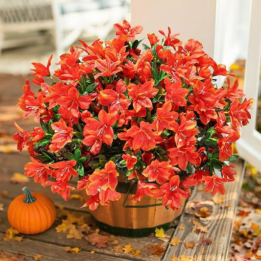 INSPRING Artificial Fall Flowers for Outdoors Decoration, 3 Bundles Fake Silk Azalea Flower Plants Outside UV Resistant Realistic Faux Flowers for Planters Porch Patio Garden Walkways Home, Orange