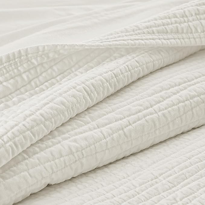 Wonderful Linen Cotton Quilt Set Queen Size, 100% Cotton Back and Filling, 3 Piece Pre-Washed White Bedding Cover, Wave Stitched Bedspread Coverlet Bedding Set 3-Piece for All Seasons, 94"x94"