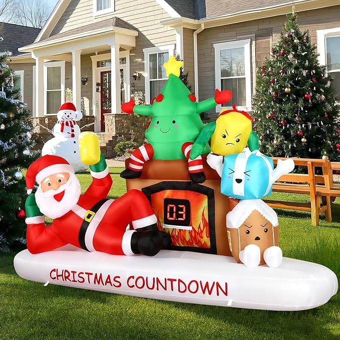 Alupssuc 8 FT Christmas Inflatable Outdoor Decorations with LED Christmas Countdown Clock, Santa,Tree,Fireplace and Gift Boxes, Lighted Blow Up Lawn Yard Clearance for Indoor Xmas Holiday Party Decor