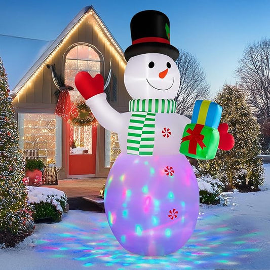12FT Christmas Inflatables Snowman Outdoor Decorations, Giant Christmas Blow Up Snowman Inflatable Christmas Decorations with Rotating Colorful LED Light for Holiday Party Garden Yard Decor