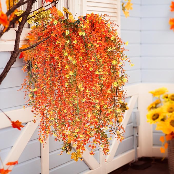 6 Pcs Artificial Fall Hanging Flowers Outdoor Silk Mum Plants Autumn Decor Faux Violet with Eucalyptus Realistic UV Resistant Trailing Vine Thanksgiving Porch Yard(Vivid Color,Eucalyptus)