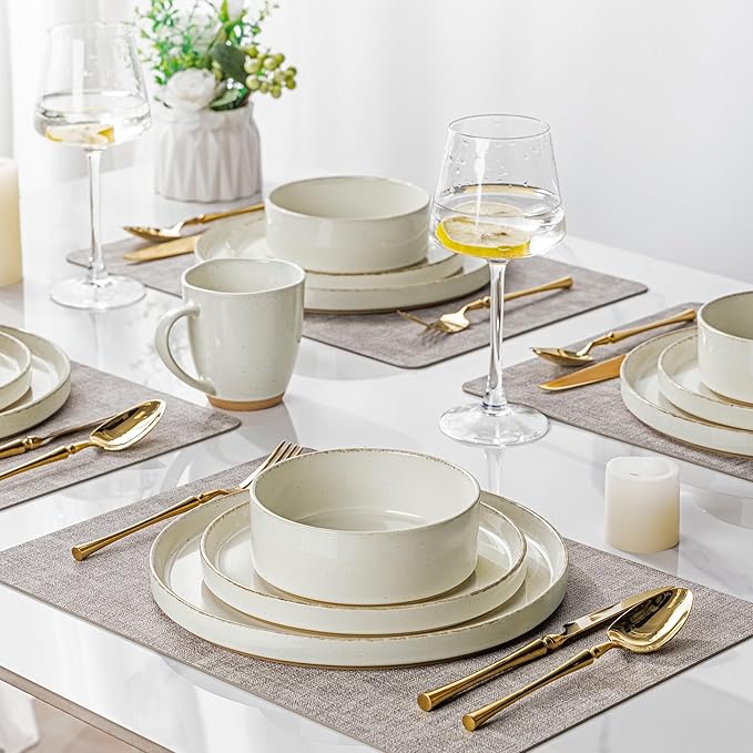 AmorArc Ceramic Dinnerware Sets for 4, 12 Pieces Handpainted Plates and Bowls Set with Rustic Terracotta Underside, Scratch Resistant Stoneware Dishes Set, Dishwasher & Microwave Safe