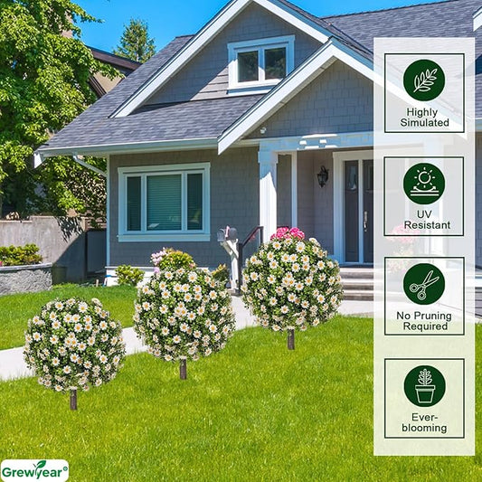 Artificial Topiary Ball with Ground Spike Set of 2, Faux Boxwoods for Outdoor Planters, UV Resistant Artificial Outdoor Plants for Porch, Fake Bushes Round Flower Shrub with White Daisy