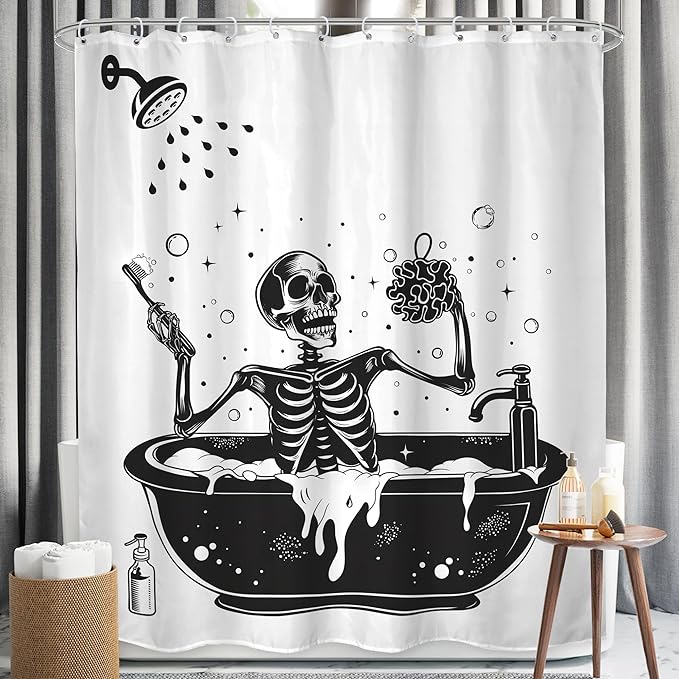 LGhtyro Funny Skull Halloween Shower Curtain Bathroom Set 60Wx71H Inches Black White Gothic Skeleton Bathing in Bathtub Spooky Cool Bath Accessories for Men Boys Art Home Decor Fabric 12 Pack Hooks