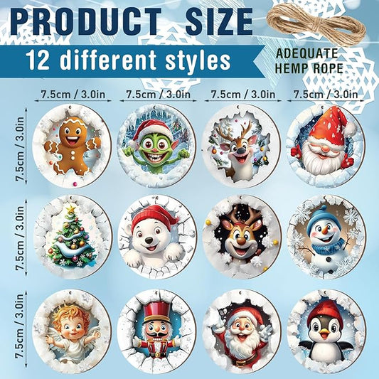 Suzile 36 Pcs Christmas Wooden Ornaments Christmas 3D Break Through Ornament Xmas Cute Animal Decorations for Tree Wreaths Xmas Hanging Wood Cutouts Decor for Home Winter Party