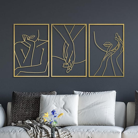 Vivegate Gold Minimalist Female Body Single Line Metal Wall Art Decor - 18"X12" 3 Packs Gold Women Body Abstract Minimalist Lines Wall Signs for Hanging Bedroom wall decor