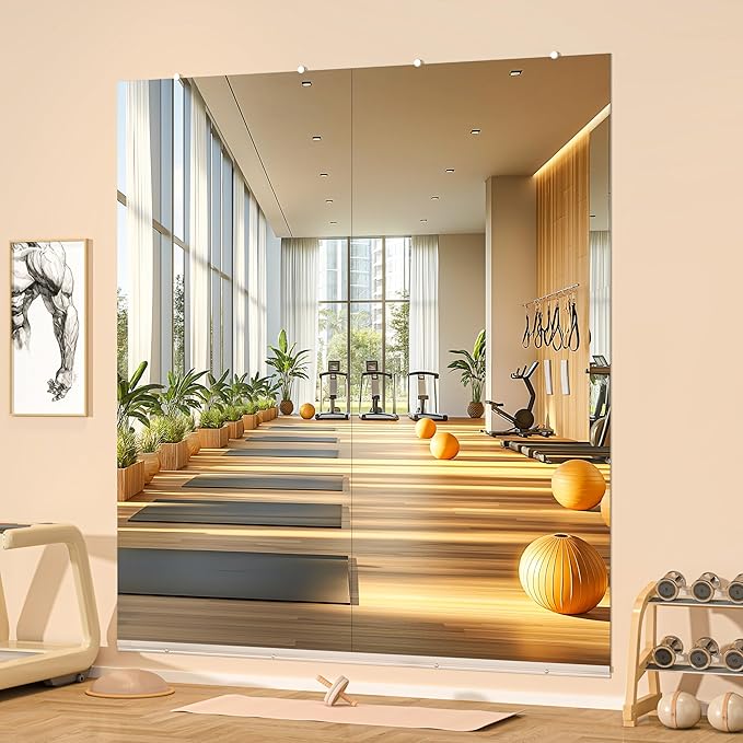 Hasipu Home Gym Mirror, 95"x40" Each, 1-Pack Frameless Wall Mounted Mirrors with Glass Clamps & Aluminum Rail, Large Body Mirror for Home Gym, Yoga Studio, Bedroom, Silver Tempered Glass