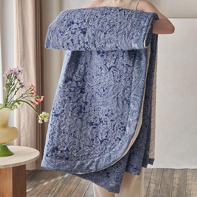 mixinni Navy Blue Floral King Size Quilt Set Soft Cotton Double-Layer Neutral Style Paisley Quilt Bedding Set Farmhouse Bedspread Coverlet Sets, 3-Pieces Including Pillow Shams (106x96 Inches)
