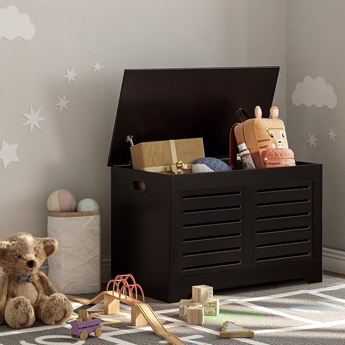 DINZI LVJ Storage Chest, Flip-Top Wooden Toy Box with 2 Safety Hinges, Retro Entryway Shoe Bench, Sturdy Large Storage Trunk for Living Room, Bedroom, Toddler Room, Easy Assembly, Espresso