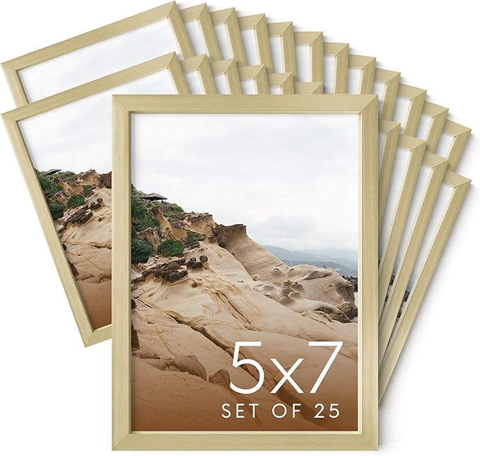 HAUS AND HUES 5x7 Gold Metal Picture Frames - 5X7 Frames Bulk - Features Premium Aluminum, Vertical Hanging, Easel Back for Tabletop, Home, Office (5x7 in, Gold, Set of 25)