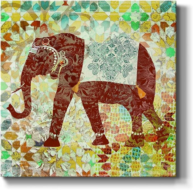 Cute Animals Artwork Abstract Colorful Painting Wall Art on Canvas, Bali Elephant Wall Art, Ready to Hang, 10'' x 10''