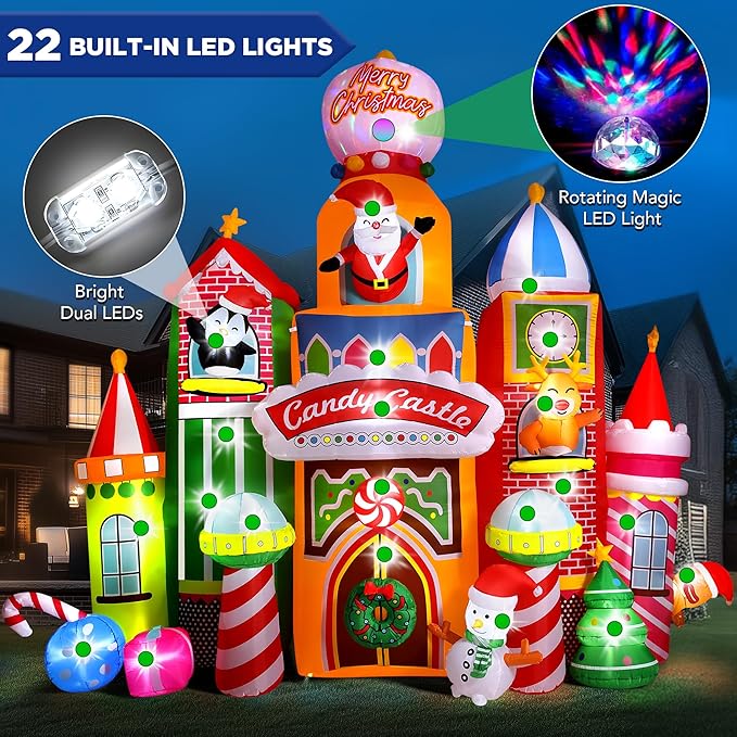 13.5 FT Tall Candy Castle Christmas Inflatables Outdoor Decorations, Blow Up Christmas Decorations with Built-in Rotating Light for Garden Lawn Xmas Decor