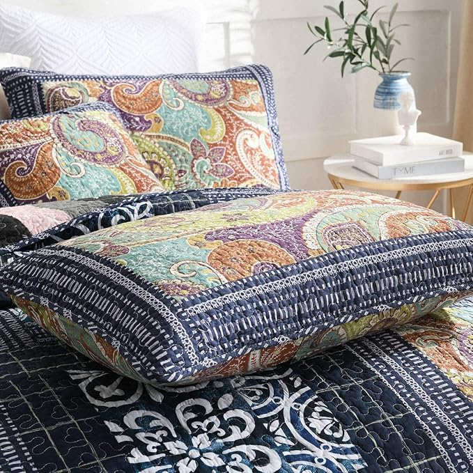 NEWLAKE Bedspread Quilt Set with Real Stitched Embroidery, Paisley Grid Pattern,King Size