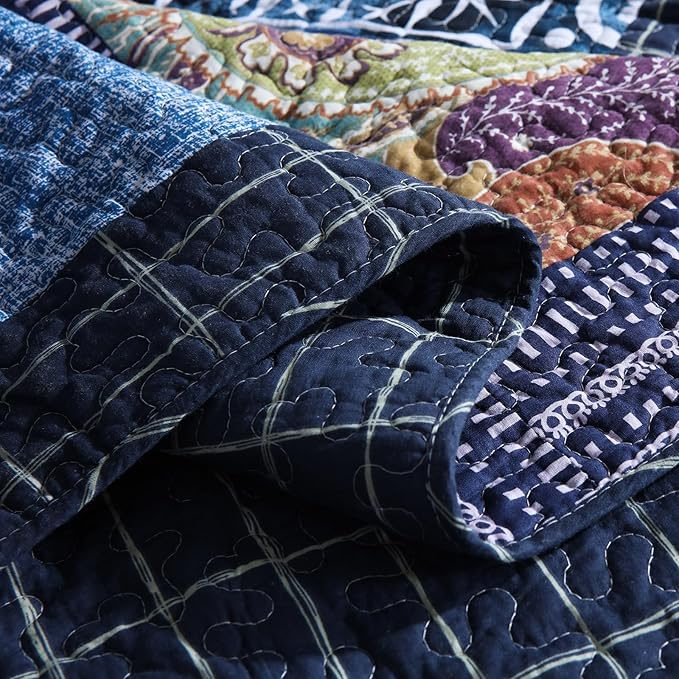 mixinni 100% Cotton Gorgeous Floral Quilt Set, King Size Quilted Bedding Set, Boho Reversible Navy Blue Patchwork Paisley Pattern Bedspread Coverlet Set with 2 Pillow Shams for All Seasons (106"x98")