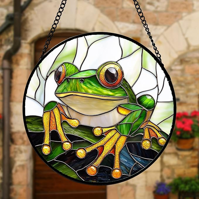 Stained Glass Window Hanging, Green Frog White Petals Sun Catchers Colorful Glass Panel Cute Suncatcher Decor for Birthday for Women, Men, Wife, Aunt, and Mom 6.3 in