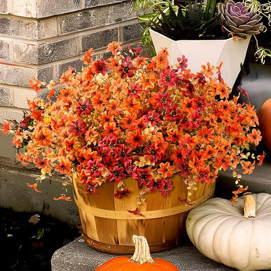 Artificial Mums Fake Fall Flowers for Outdoors Decoration, 12 Bundles Realistic Autumn Silk Daisy Faux Plants UV Resistant Decor for Home Garden Porch Patio Yard Balcony Window (Orange Brown)
