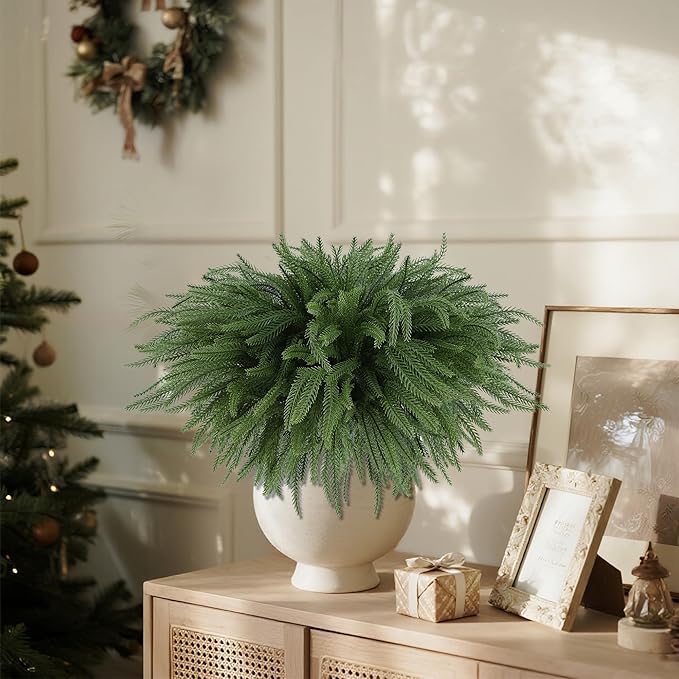 DR.DUDU 16 Pack Norfolk Pine Stems - 18" Real Touch Artificial Christmas Greenery Stems for Vase Fillers, Fake Pine Branches Christmas Decorations for Indoor Home, Table Centerpieces and Xmas Décor