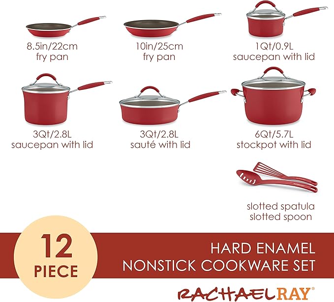 Rachael Ray Cucina Nonstick Cookware Pots and Pans Set, 12 Piece, Cranberry Red & Nonstick Bakeware Set with Grips, Nonstick Cookie Sheets/Baking Sheets - 3 Piece, Gray with Orange Grips