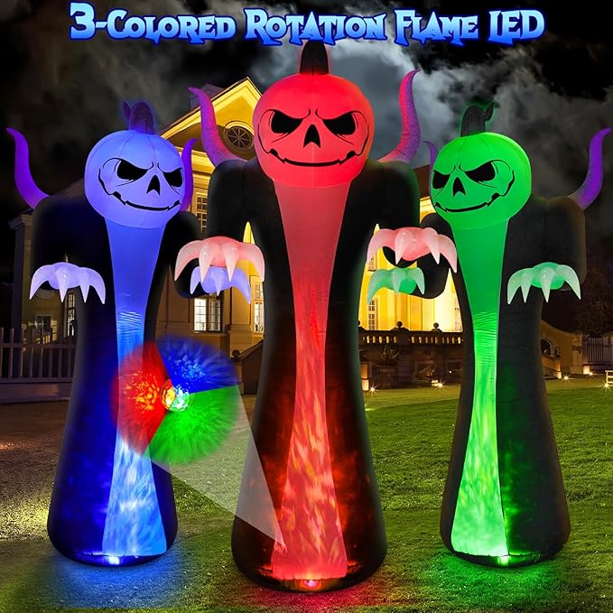 12FT Halloween Inflatables Decoration Outdoor Giant Pumpkin Reaper Ghost with 3-Colored Rotation Flame LEDs Spooky Halloween Blow Up Yard Decorations Outdoor Holiday Party Yard Lawn Decor
