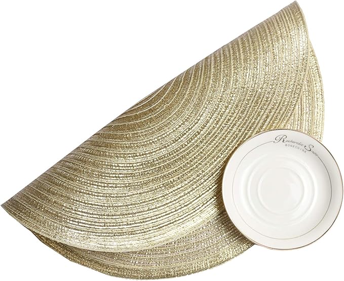 SHACOS Golden Glitter Round Braided Placemats Set of 6 Bling Circle Place Mats Washable Table Mats for Holiday Party Wedding Shower (6, Gold)