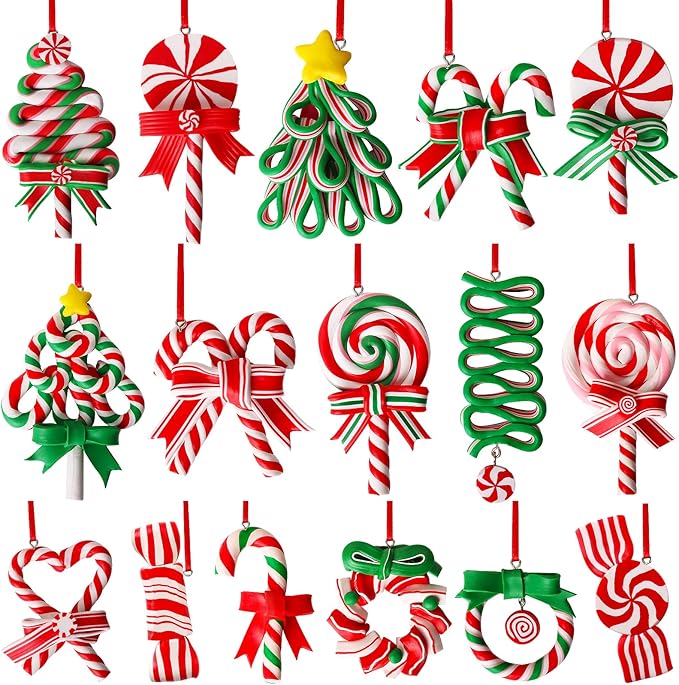 16 PCS Candy Cane Ornaments for Christmas Tree,Polymer Clay Candy Cane Christmas Decorations,Lollipop Ornaments for Xmas Tree Party Hanging Decor Holiday Decorations