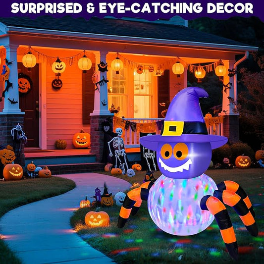 TURNMEON 3.6 Ft Halloween Inflatables Spiders Wear Witch Hat Decorations Outdoor with Rotating Colorful Lights 4 Stakes 2 Tethers 1 Sand Bag Blow Up Halloween Decoration Yard Lawn Garden Holiday Party