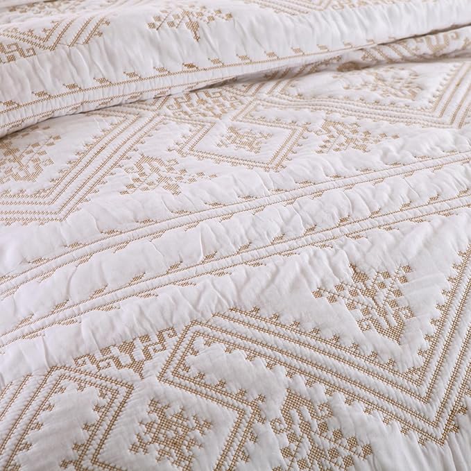 mixinni 3 Pieces Queen Size Comforter Set Gold Embroidery Pattern Printed Soft Cotton White Quilt Set-Queen Size