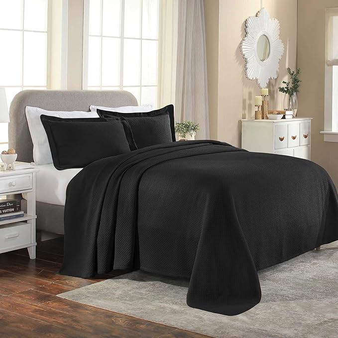 Superior Solitaire Cotton 3 Piece Bedspread Set, Home Bed Decor, Decorative Textured Bed Spread, 2 Pillow Shams, Airy Blanket, Matelasse Coverlet Bedding, All-Season Accent Blanket, Full, Black