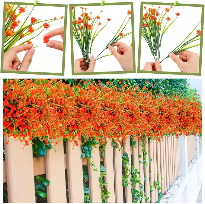 Hoteam 50 Bundles Fall Outdoor Artificial Flowers Plants Uv Resistant Outside Faux Flowers Plastic Fake Plants Outdoor Summer Seasons Decoration Shrubs Garden Porch, Orange