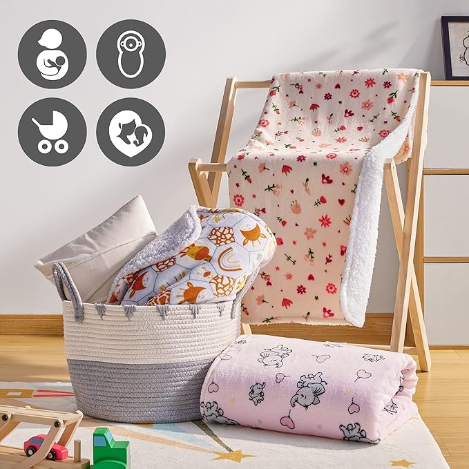 DaysU Plush Flannel Sherpa Baby Blanket for Girls Boys, Generous Reversible Soft Micro Fleece Toddler Bed Throw Blanket with Flower Print for Kids and Children, Floral, 50"x60"