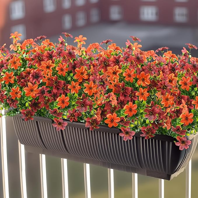 Artificial Mums Flowers Outdoors Autumn Decor, Fall Fake Silk Daisy UV Resistant, 12 Bundles Outside Faux Flower Plants for Home Garden Porch Patio Yard Balcony Window (Orange Brown)